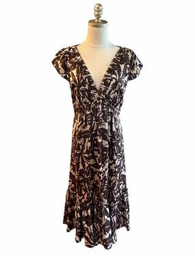 BCBG Max Azria Y2K Cottage Silk Floral Midi Dress Sz 12 Empire Waist Tiered Boho